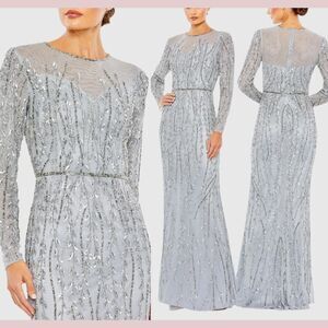 NWT Mac Duggal [ 10 ] 5644 Embellished Illusion High Neck Long Sleeve Gown‎ grey
